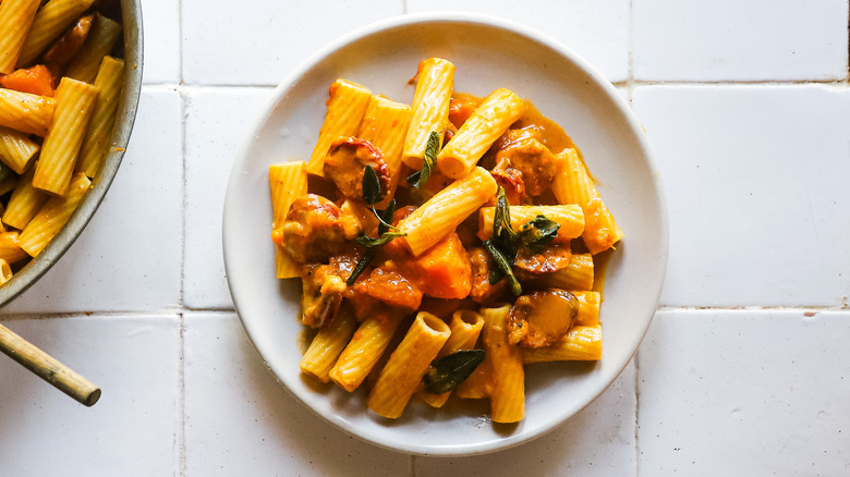 Cooked plate of squash sausage pasta