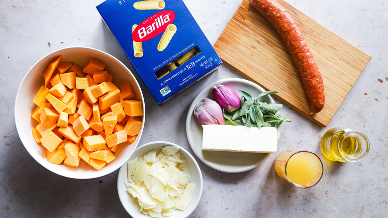 Ingredients for smoked sausage squash pasta