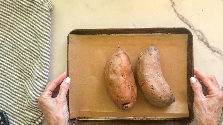 sweet potatoes on sheet pan