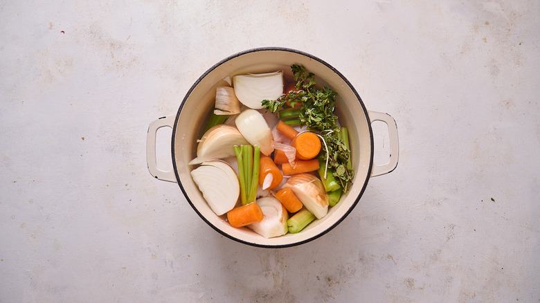 chicken stock ingredients in pot