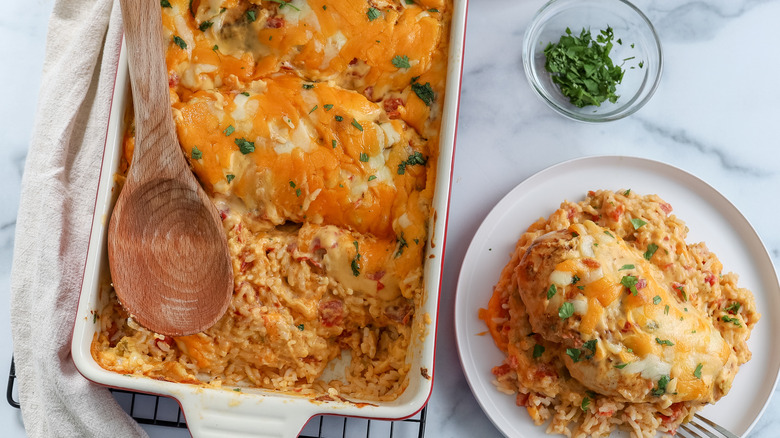 smothered queso chicken bake on a table