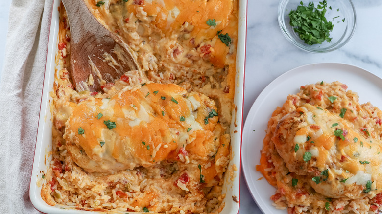 smothered queso chicken bake on a table