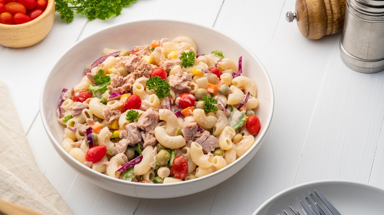 pasta salad with fish in bowl