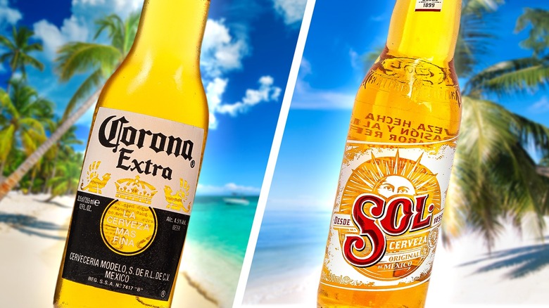 Corona Extra and Sol beers compared with beach background