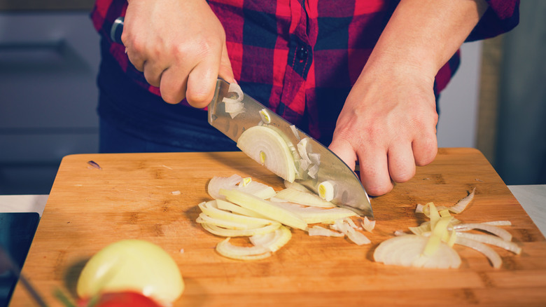 chopping onions for soubise sauce