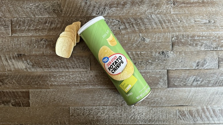 Can of Stack Attack potato chips on table