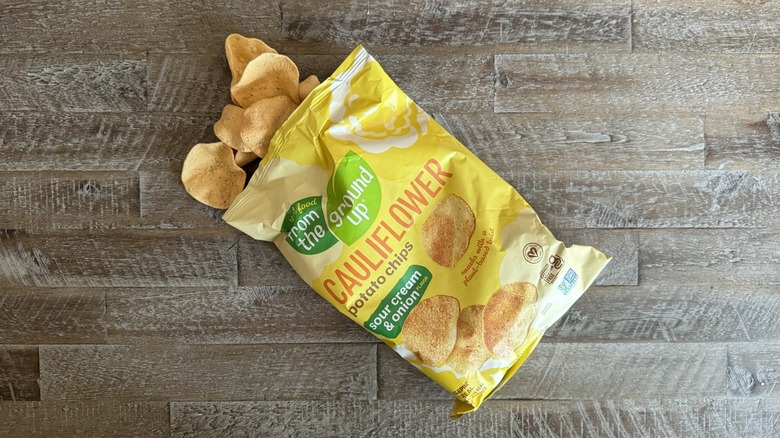 Bag of From the Ground Up chips opened on table