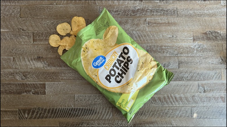 Bag of Great Value potato chips on a table