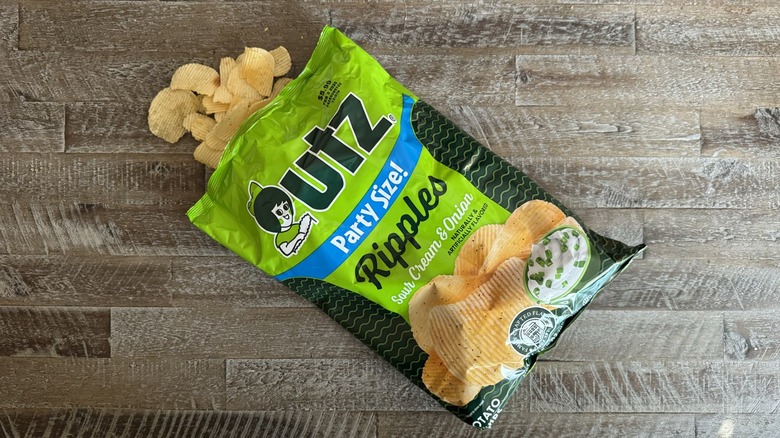 Bag of Utz Ripples chips opened on table