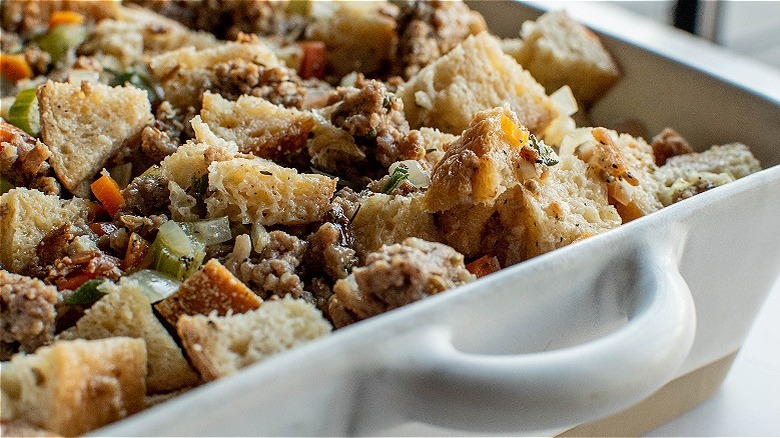 stuffing mixture in casserole dish