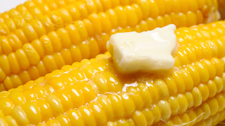 Closeup of cooked ears of corm with butter