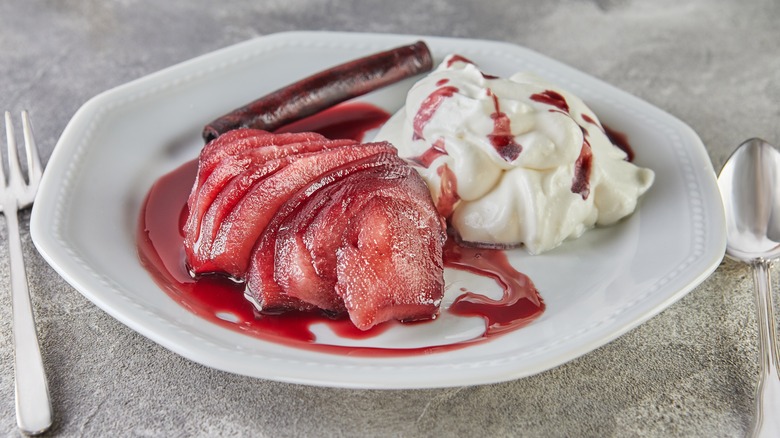 Dish of poached pears