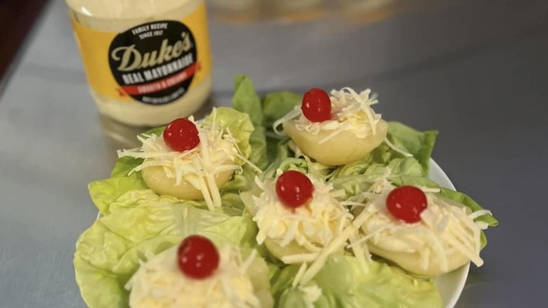 southern pear and mayo salad with a jar of Duke's mayonnaise