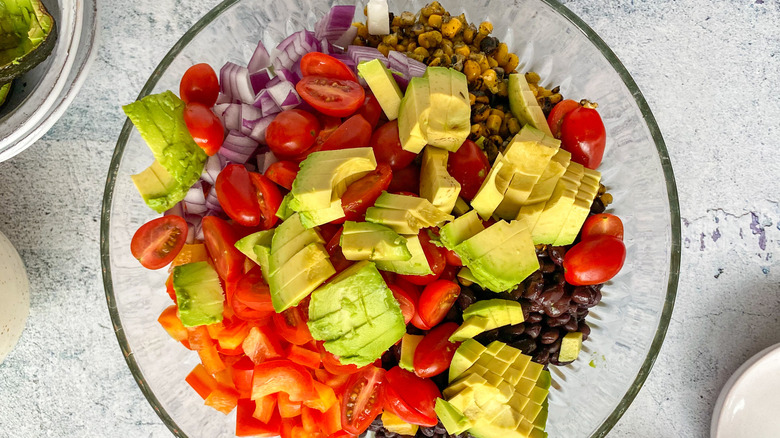 pasta salad ingredients in bowl 