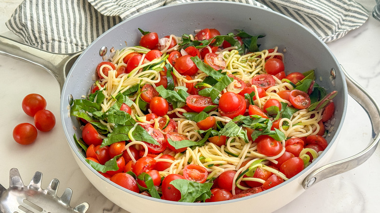 garden vegetable pasta in skillet