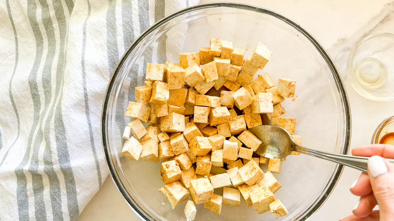 cubed tofu in bowl