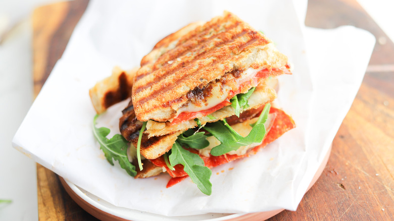 Stacked grilled chorizo pear panini