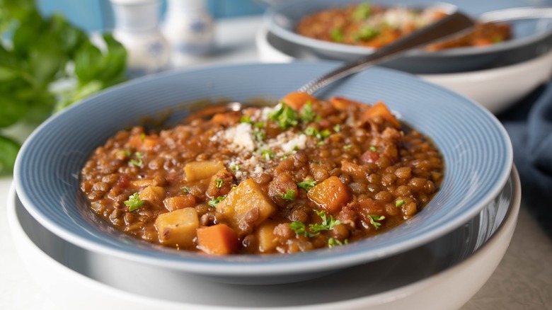 Blue bowl with brown lentil stew