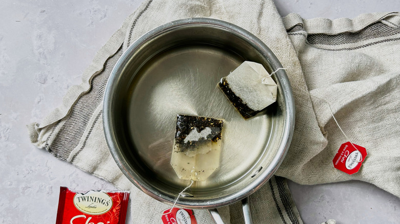 steeping tea in saucepan