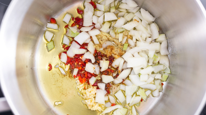 diced aromatics in pot