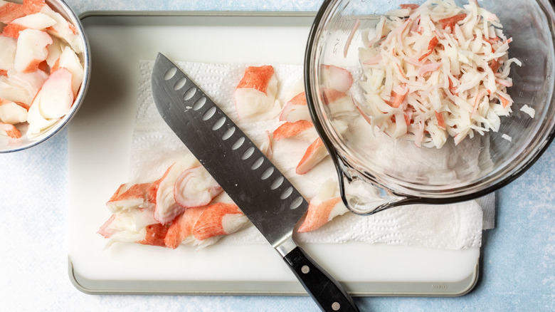 preparing spicy crab sushi filling