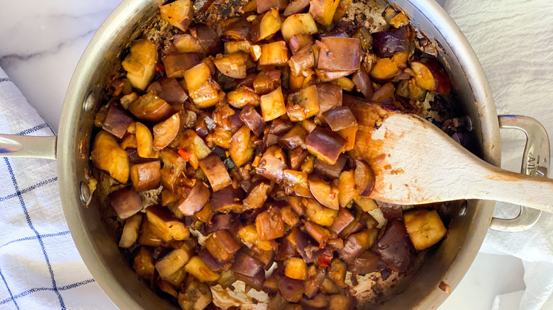 Spicy Garlic Eggplant cooking with sauce 