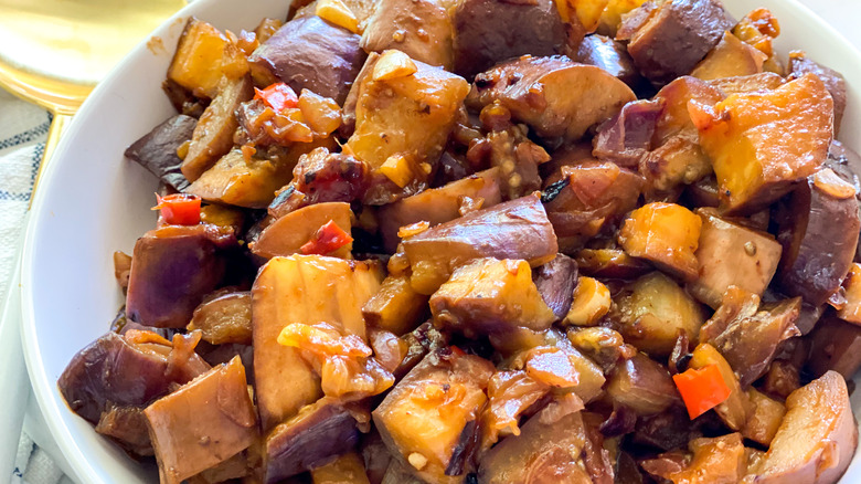 Spicy Garlic Eggplant cooking with sauce 