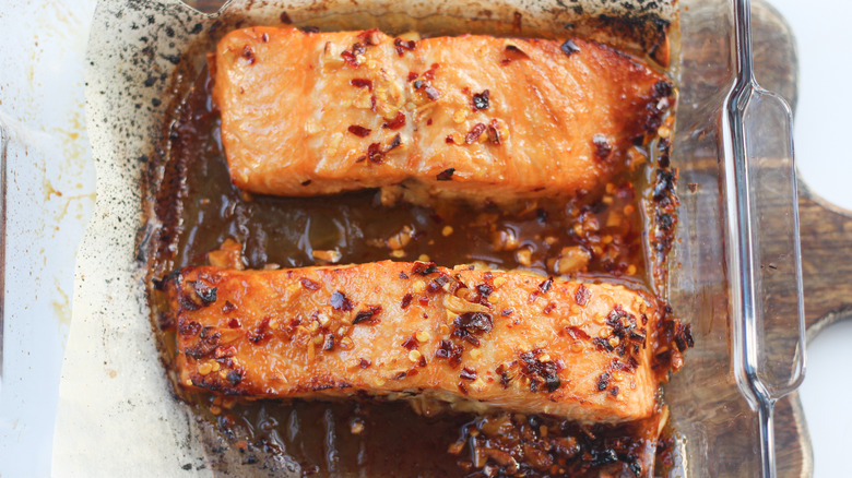 cooked salmon filets in a dish