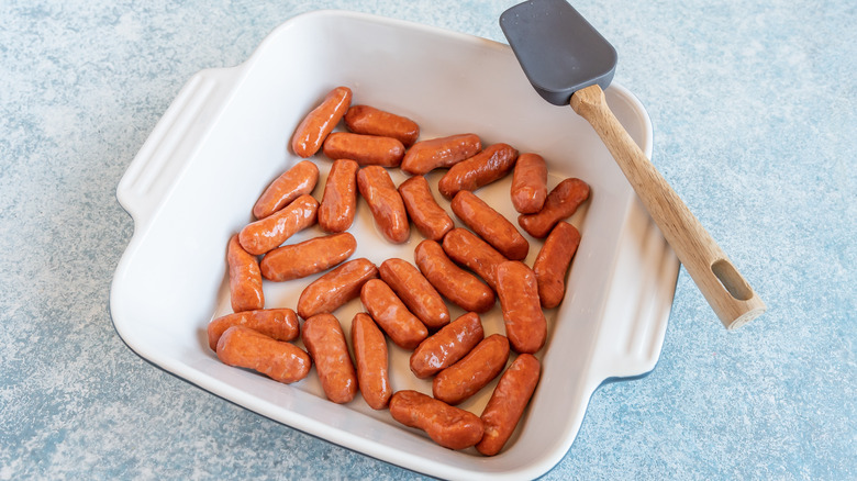 mini sausages in a baking dish