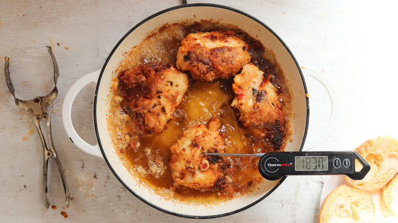 fried chicken with meat thermometer