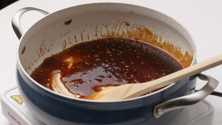 sesame beef sauce in pan