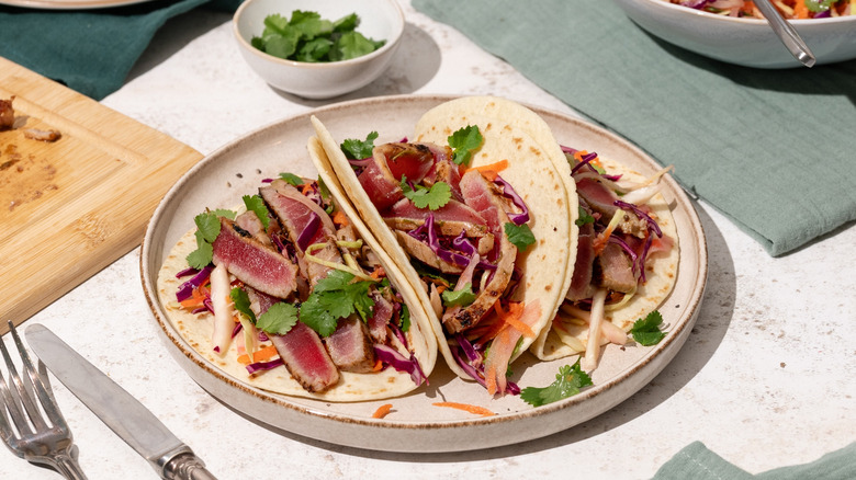 spicy tuna tacos on plate