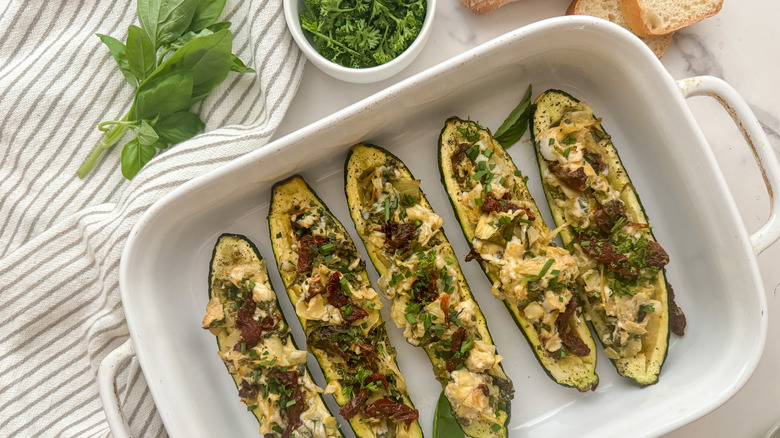 zucchini boats in casserole dish