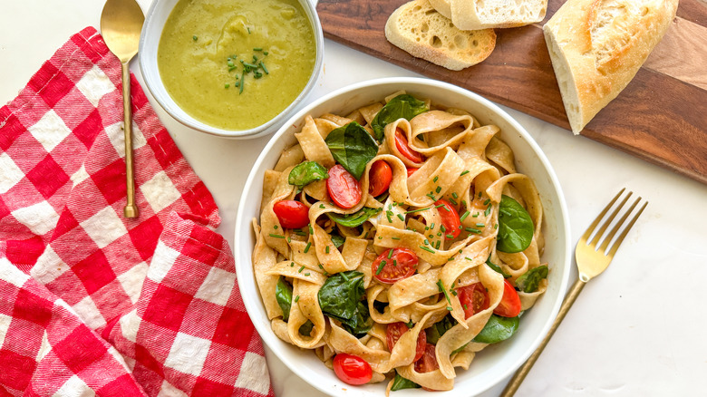 pasta, bread, and soup