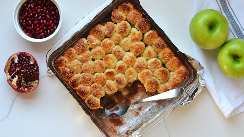 baked apple cobbler and pomegranate seeds