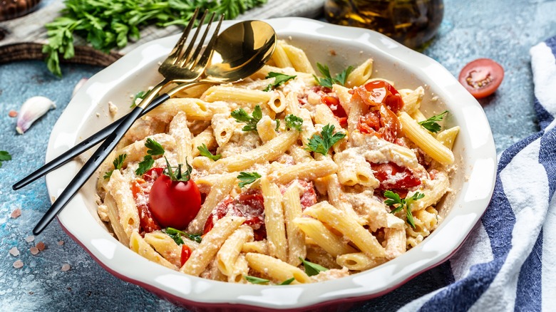 bowl of tomato and feta pasta