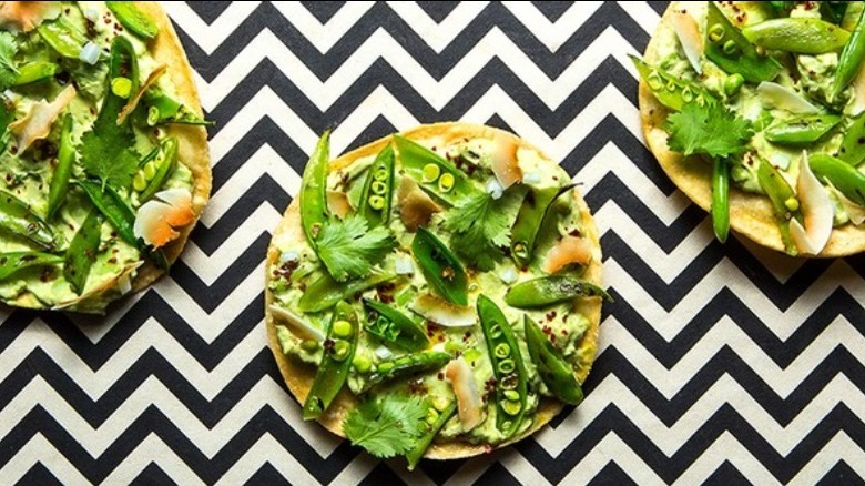 Avocado Tostadas with Charred Snap Peas and Fava Beans