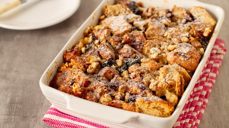 bread pudding in white dish