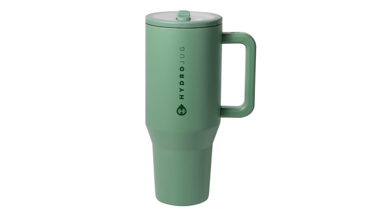 A green HydroJug water bottle on a white background