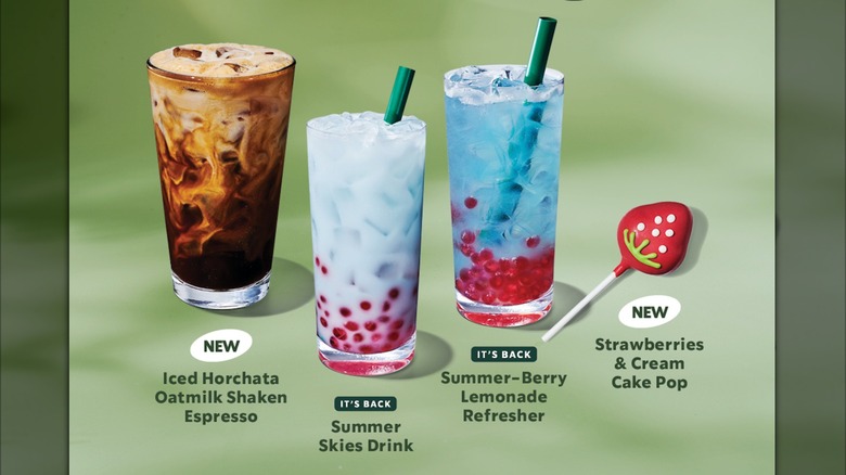 Three drinks and the strawberry cake pop from Starbucks summer 2025 menu on a green background