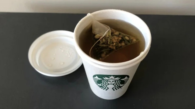 Overview of a steeping cup of Starbucks' Chamomile Mint Blossom Tea