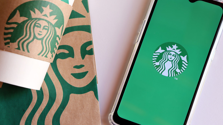 Starbucks cup, bag, and logo