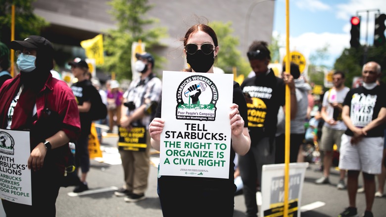 Pro-union marcher against Starbucks 