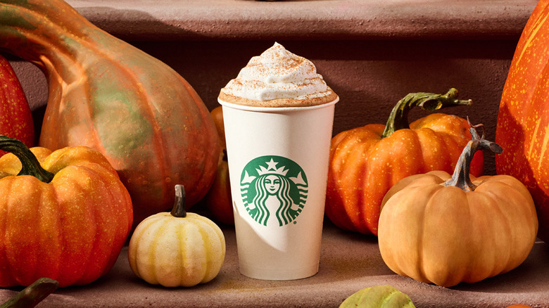 Pumpkin spice latte with pumpkins