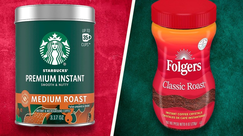 Starbucks and Folgers instant coffee containers next to each other