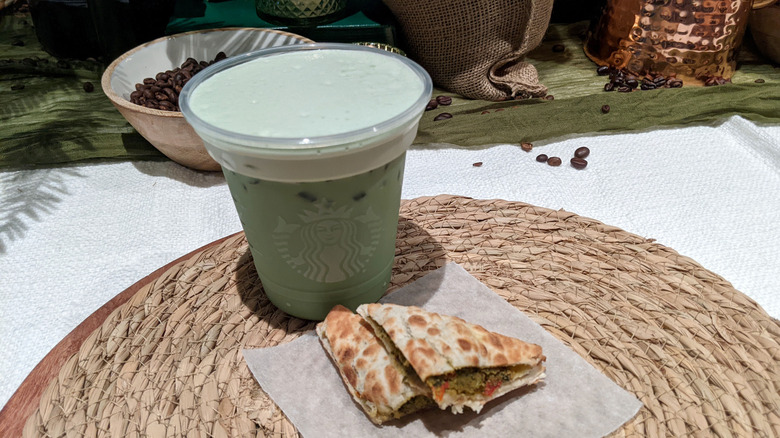 Starbucks matcha latte and spicy falafel pocket