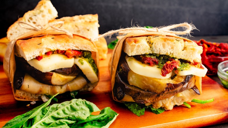 Focaccia sandwiches on cutting board