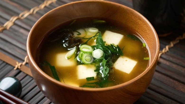 Miso soup with seaweed in a bowl