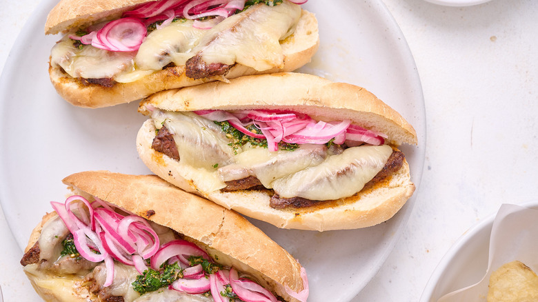 steak and chimichurri hoagie on plate