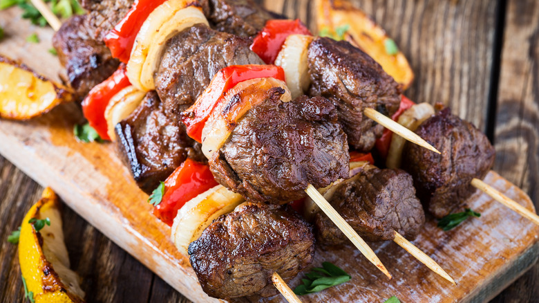 Beef and vegetables on skewers